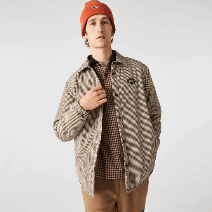 homens Lacoste bege marinho verde caqui 87e camisa xadrez repelente de água 08D01549