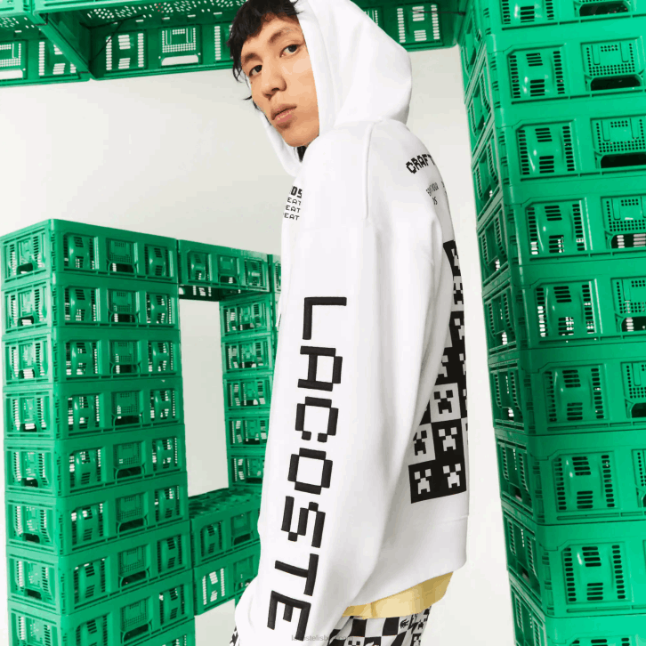 homens Lacoste branco 001 moletom com capuz de lã de ajuste solto ao vivo x minecraft 08D01165