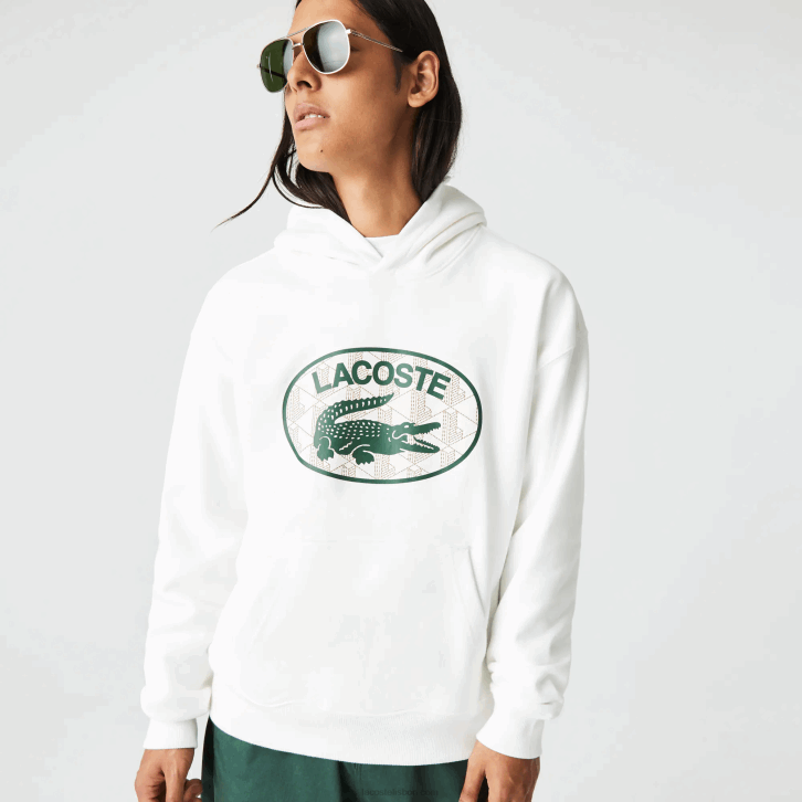 homens Lacoste branco 70v moletom com capuz de monograma de marca de ajuste solto 08D0972
