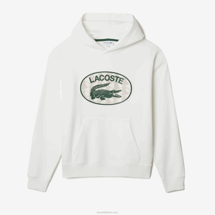 homens Lacoste branco 70v moletom com capuz de monograma de marca de ajuste solto 08D0972