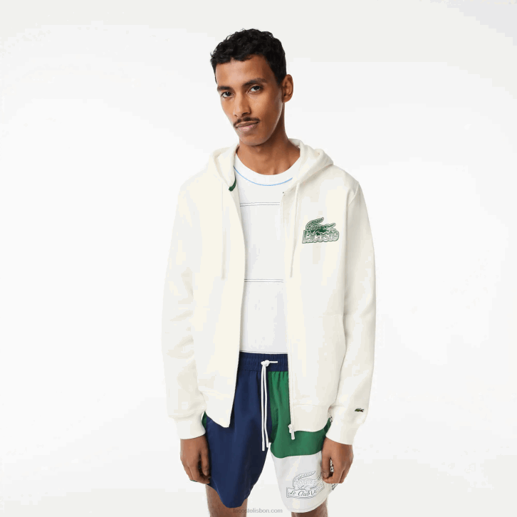 homens Lacoste branco 70v moletom com zíper de lã não escovada 08D0319