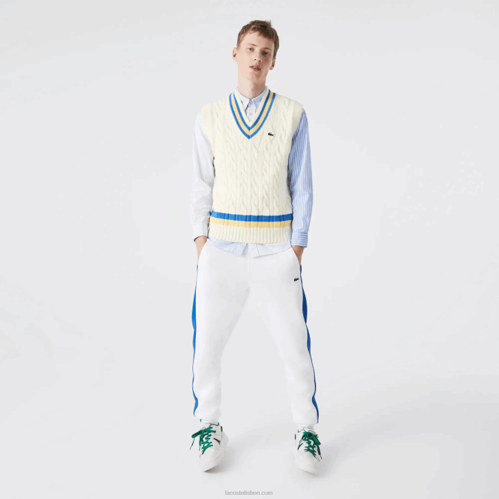 homens Lacoste branco amarelo azul 7mz colete de lã de ajuste clássico 08D01471