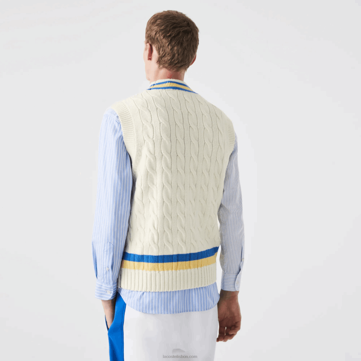 homens Lacoste branco amarelo azul 7mz colete de lã de ajuste clássico 08D01471