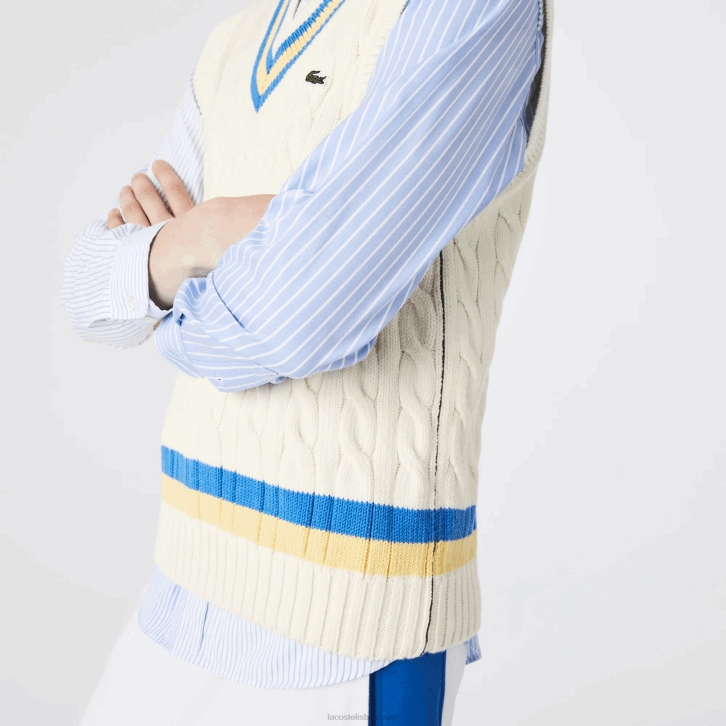 homens Lacoste branco amarelo azul 7mz colete de lã de ajuste clássico 08D01471