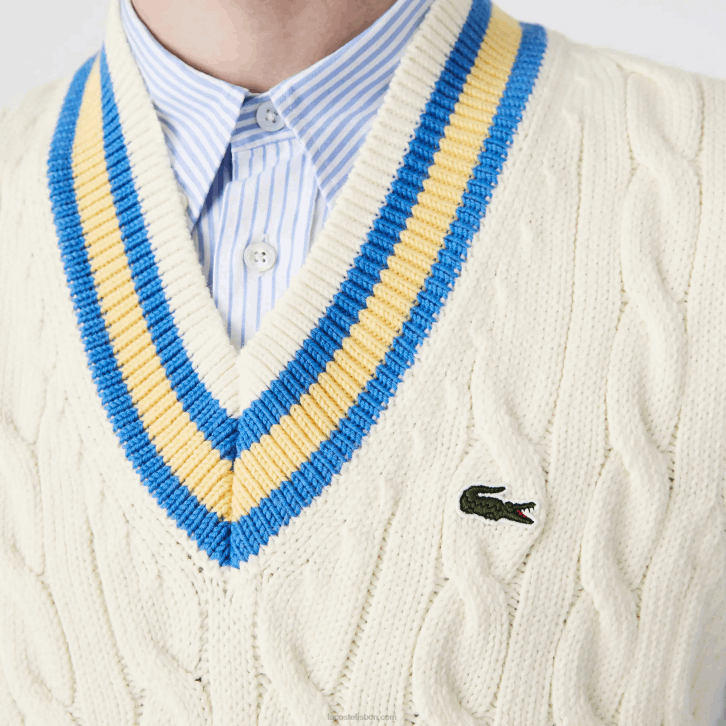 homens Lacoste branco amarelo azul 7mz colete de lã de ajuste clássico 08D01471