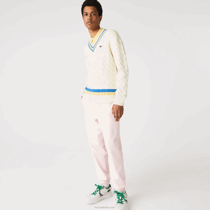 homens Lacoste branco amarelo azul 7mz suéter de lã listrado com ajuste clássico 08D01518