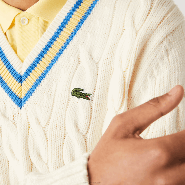 homens Lacoste branco amarelo azul 7mz suéter de lã listrado com ajuste clássico 08D01518
