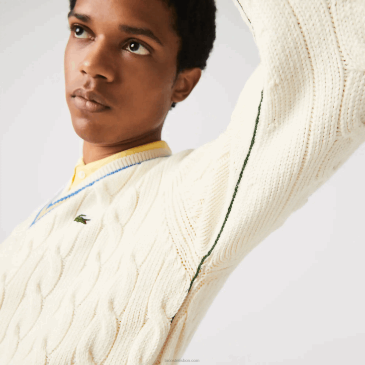 homens Lacoste branco amarelo azul 7mz suéter de lã listrado com ajuste clássico 08D01518