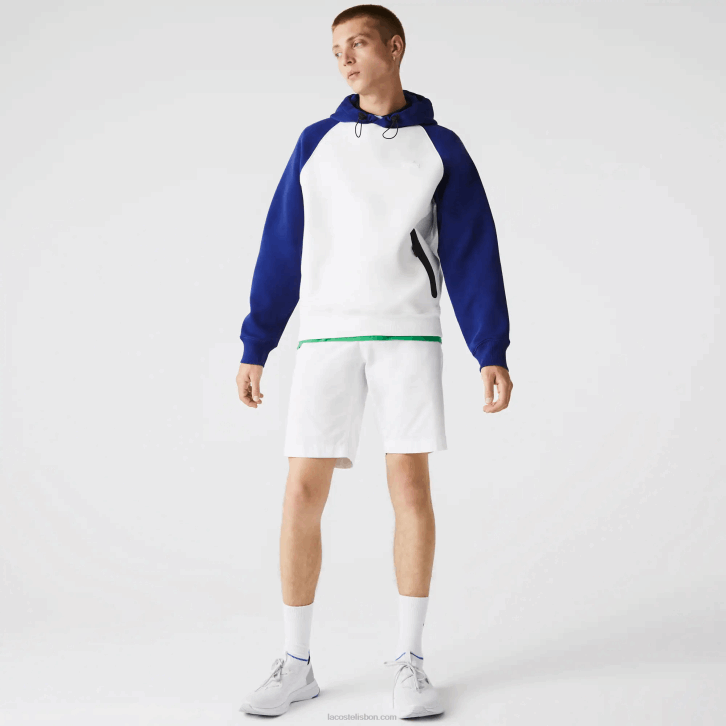 homens Lacoste branco azul eme moletom bicolor com capuz e bolso com zíper contrastante 08D01190