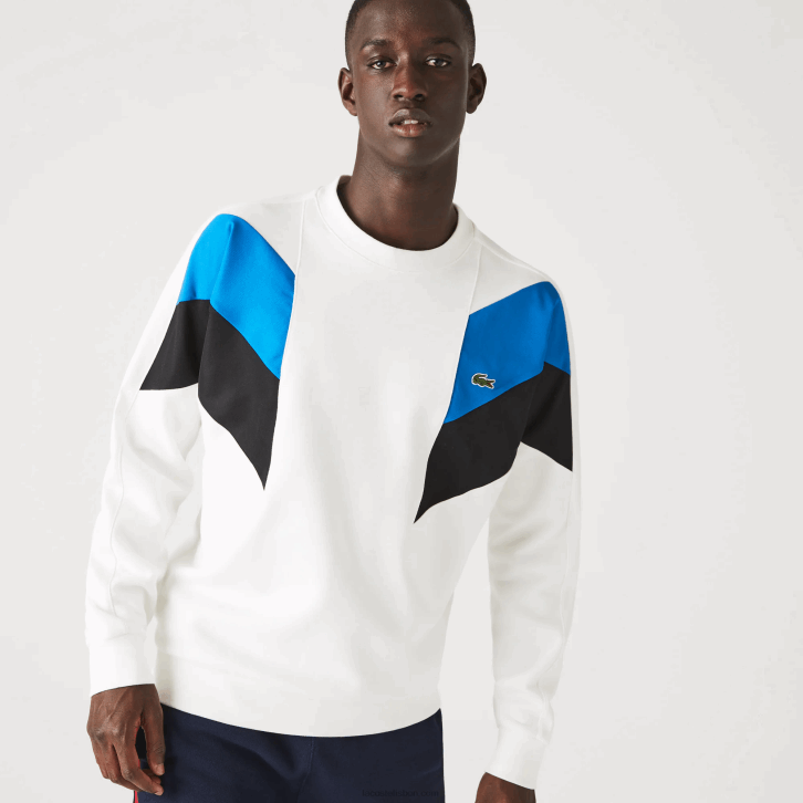 homens Lacoste branco azul preto wza moletom de lã de algodão com design colorblock e gola redonda 08D01127