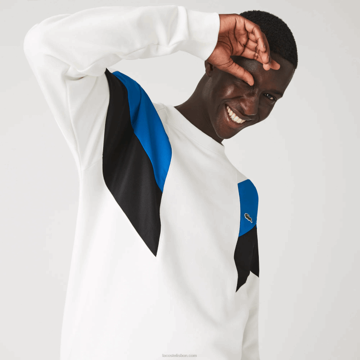 homens Lacoste branco azul preto wza moletom de lã de algodão com design colorblock e gola redonda 08D01127