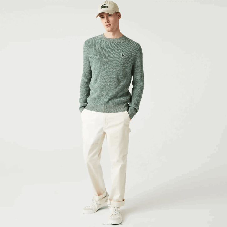 homens Lacoste branco verde bege ayq suéter de tricot com gola careca 08D01621