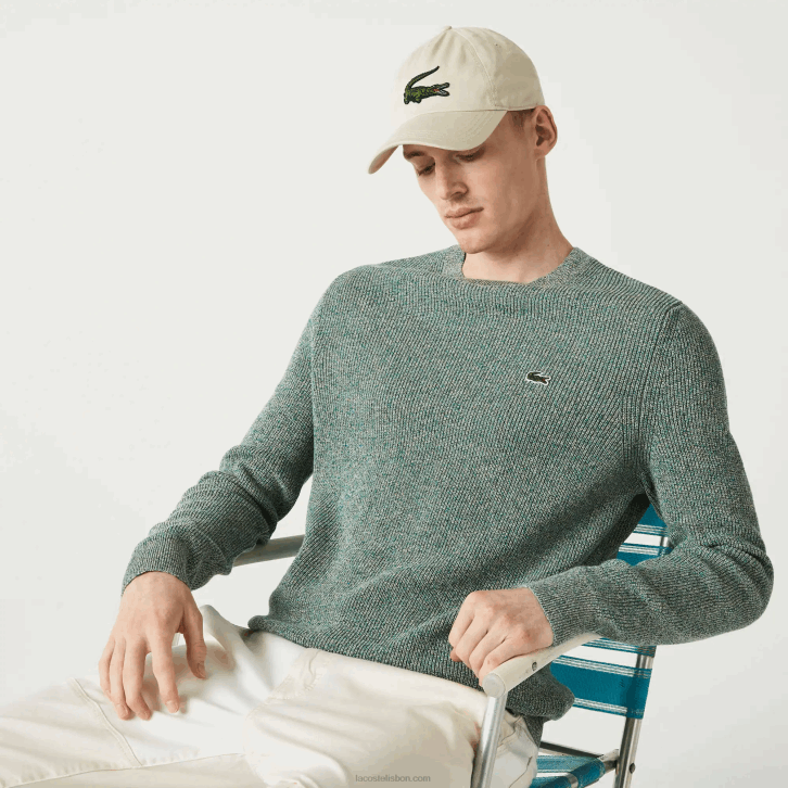 homens Lacoste branco verde bege ayq suéter de tricot com gola careca 08D01621
