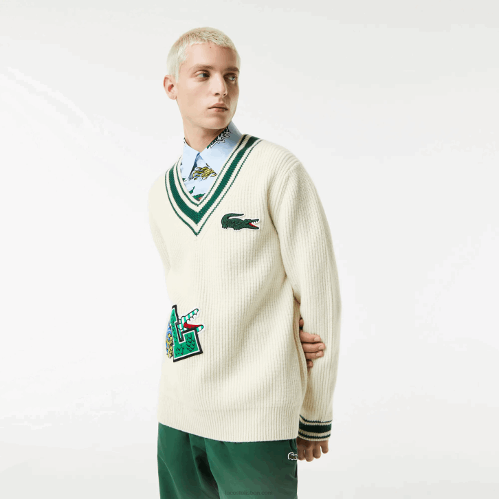 homens Lacoste branco verde x0n suéter de distintivo cômico 08D01377