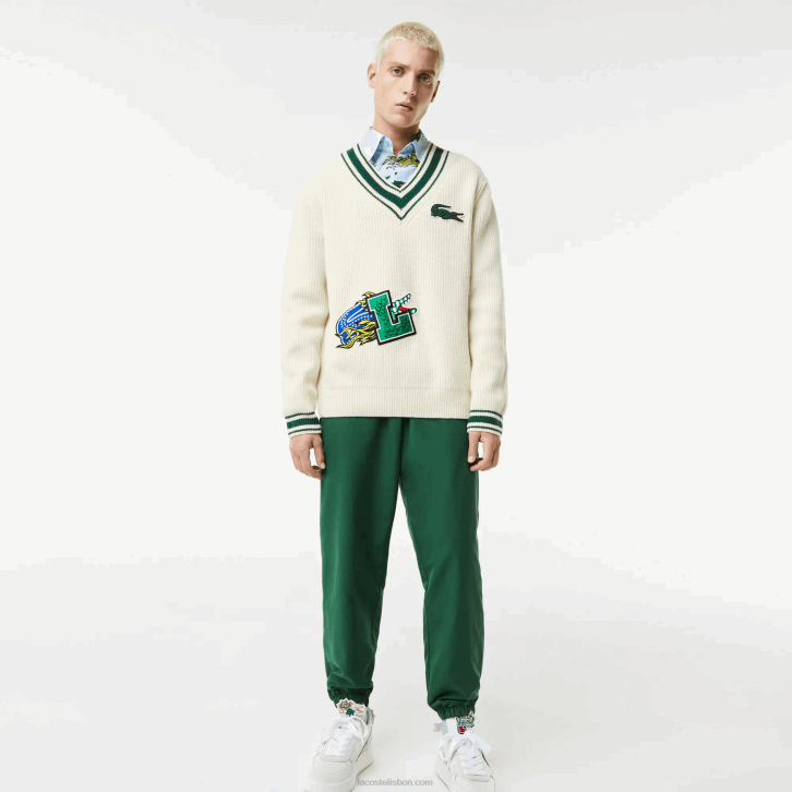 homens Lacoste branco verde x0n suéter de distintivo cômico 08D01377