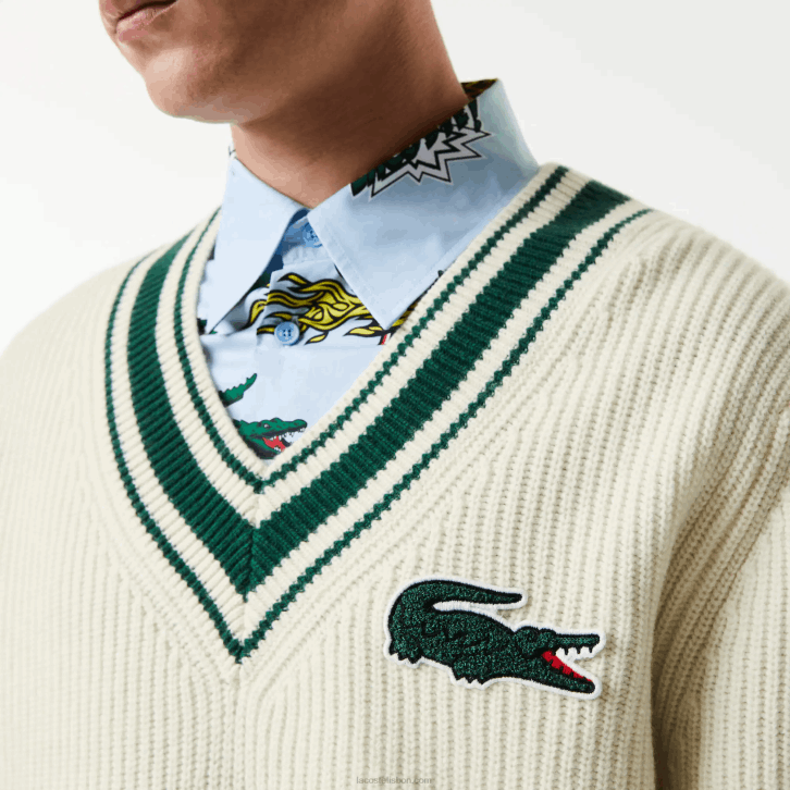 homens Lacoste branco verde x0n suéter de distintivo cômico 08D01377