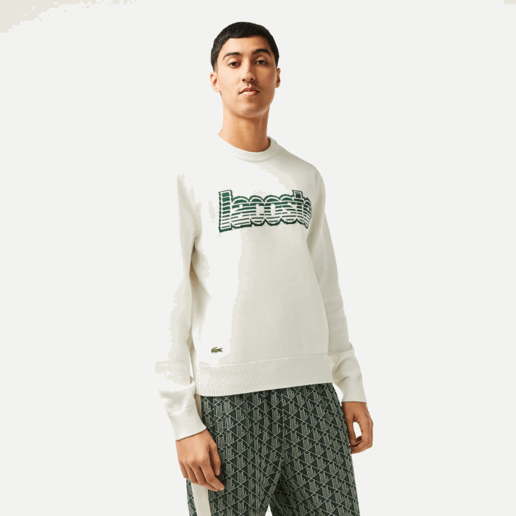 homens Lacoste branco verde x0n suéter de jérsei de gola redonda 08D0501