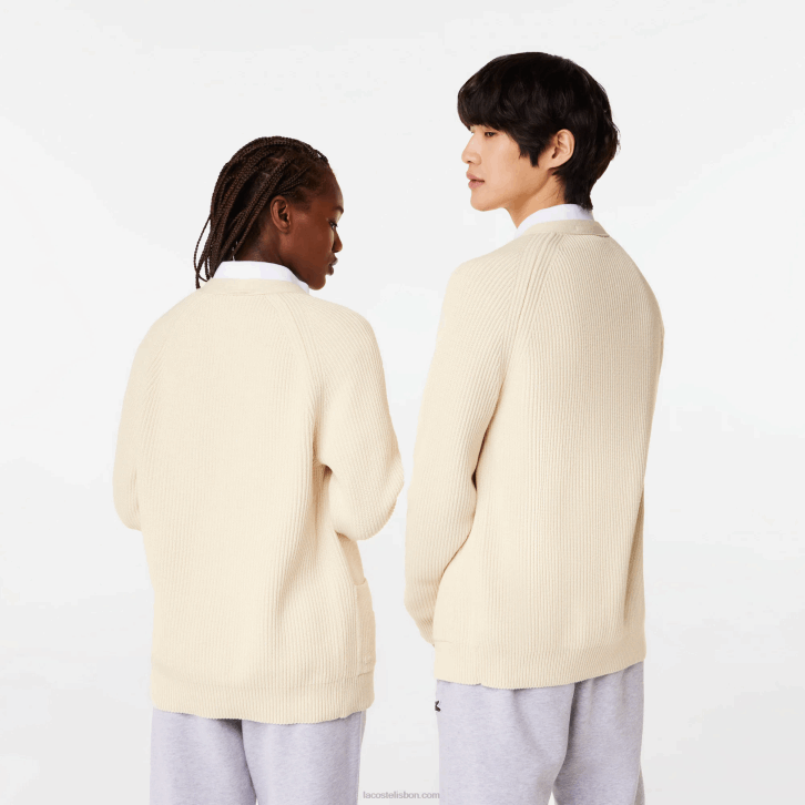 homens Lacoste branco xfj cardigã de algodão orgânico com decote em V 08D0492