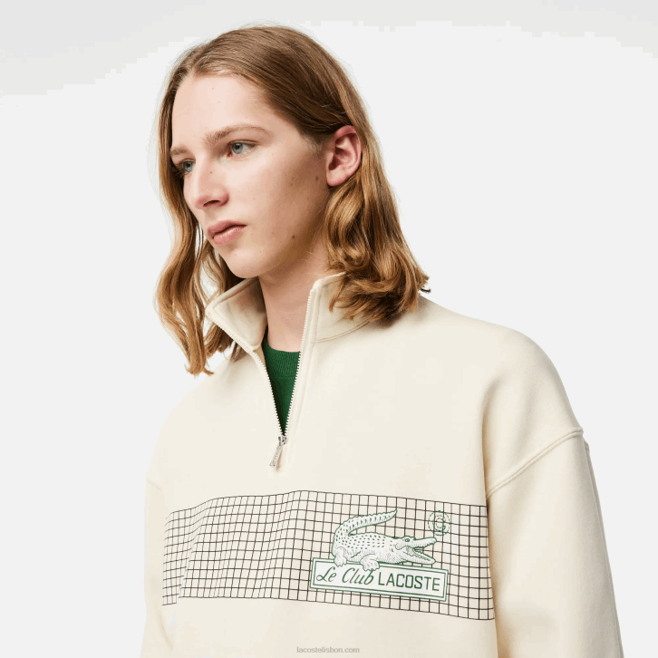 homens Lacoste branco xfj moletom de algodão orgânico solto com gola e zíper 08D0282