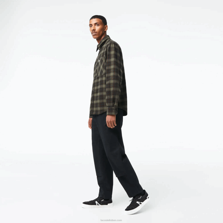 homens Lacoste cáqui verde branco gby overshirt de flanela de algodão reversível 08D01541