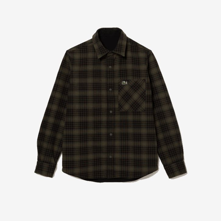 homens Lacoste cáqui verde branco gby overshirt de flanela de algodão reversível 08D01541