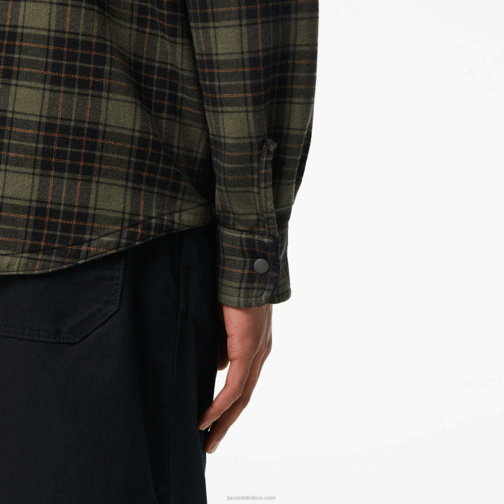 homens Lacoste cáqui verde branco gby overshirt de flanela de algodão reversível 08D01541