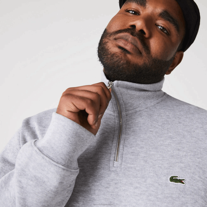 homens Lacoste chine cinza cca moletom de algodão com gola alta com zíper 08D0954