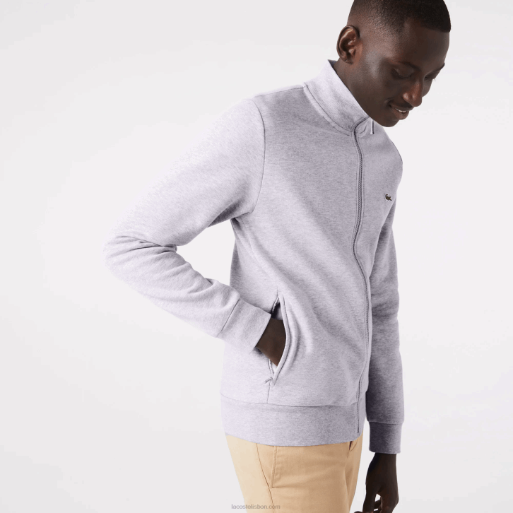 homens Lacoste chine cinza cca moletom de lã escovado com zíper de ajuste regular 08D01272