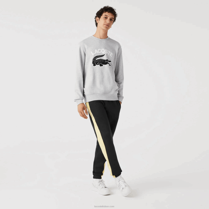 homens Lacoste chine cinza cca moletom decote careca com estampa de crocodilo 08D01030