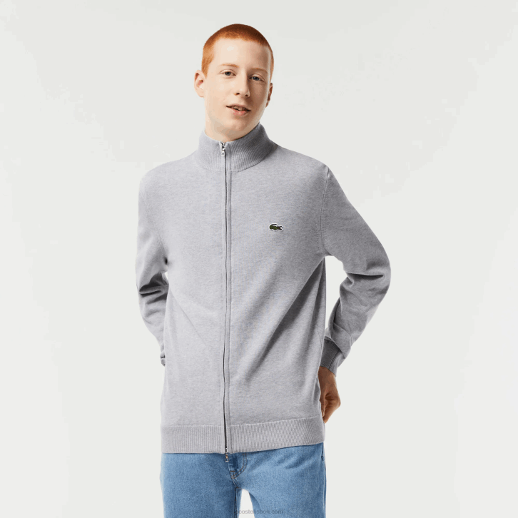 homens Lacoste chine cinza cca suéter de gola alta de algodão orgânico com zíper 08D0459