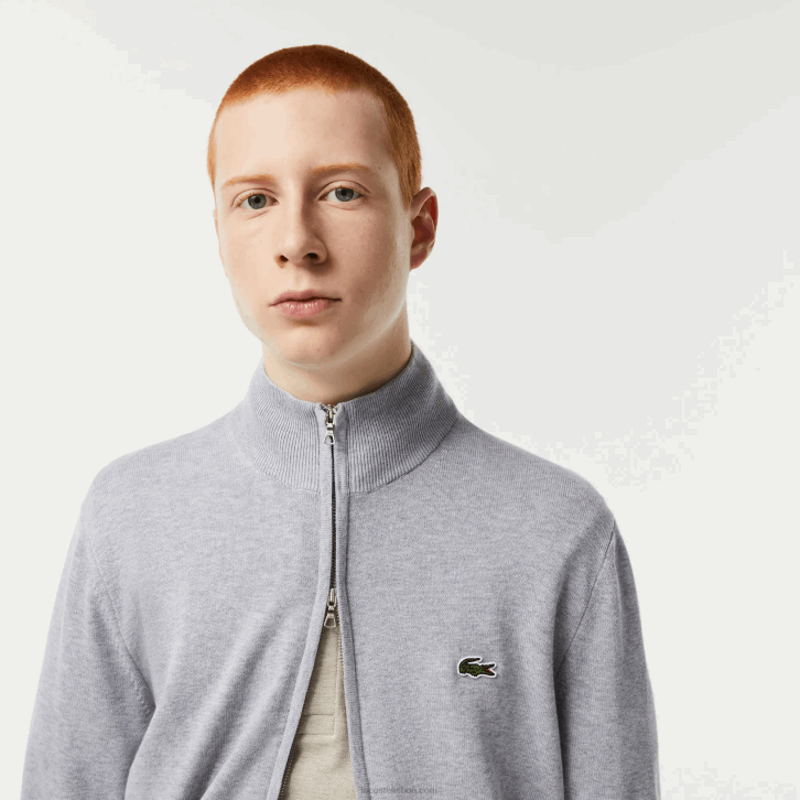 homens Lacoste chine cinza cca suéter de gola alta de algodão orgânico com zíper 08D0459