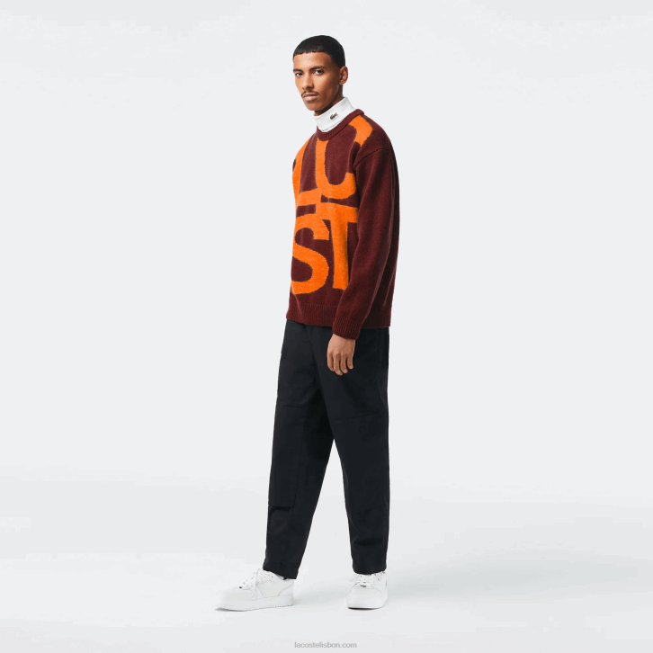 homens Lacoste laranja bordeaux 7h7 suéter de lã com letras contrastantes de ajuste clássico 08D01449