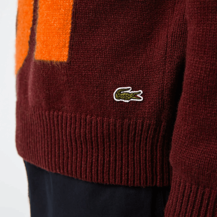 homens Lacoste laranja bordeaux 7h7 suéter de lã com letras contrastantes de ajuste clássico 08D01449
