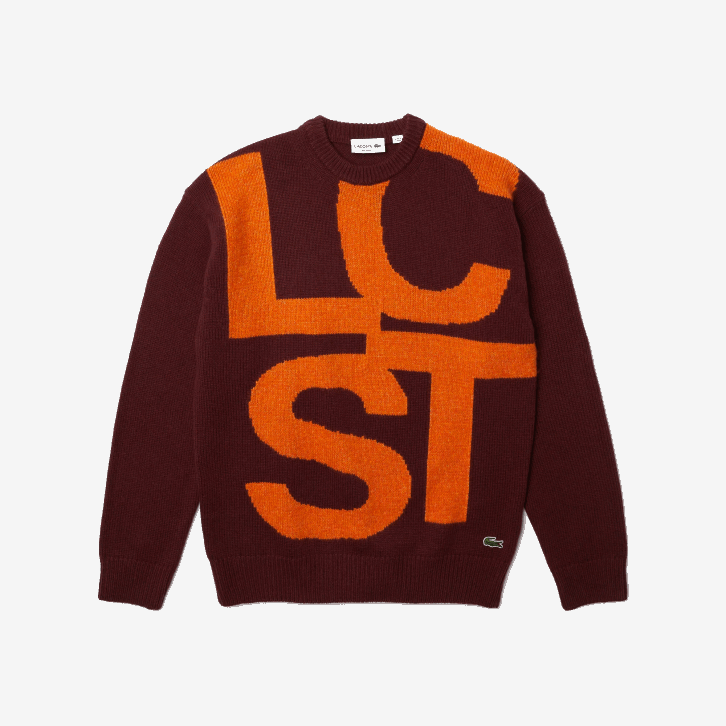 homens Lacoste laranja bordeaux 7h7 suéter de lã com letras contrastantes de ajuste clássico 08D01449
