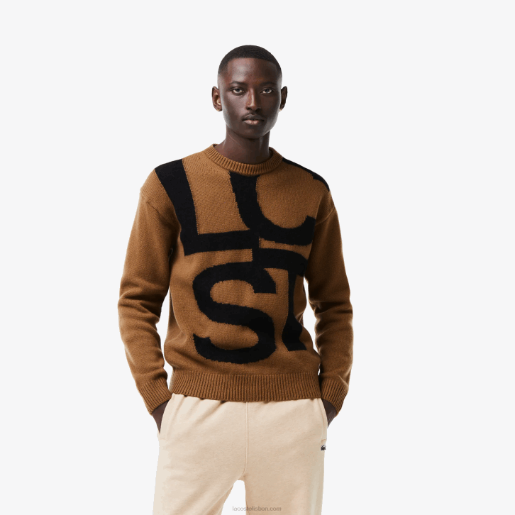 homens Lacoste marrom preto xp9 suéter de lã com letras contrastantes de ajuste clássico 08D01448