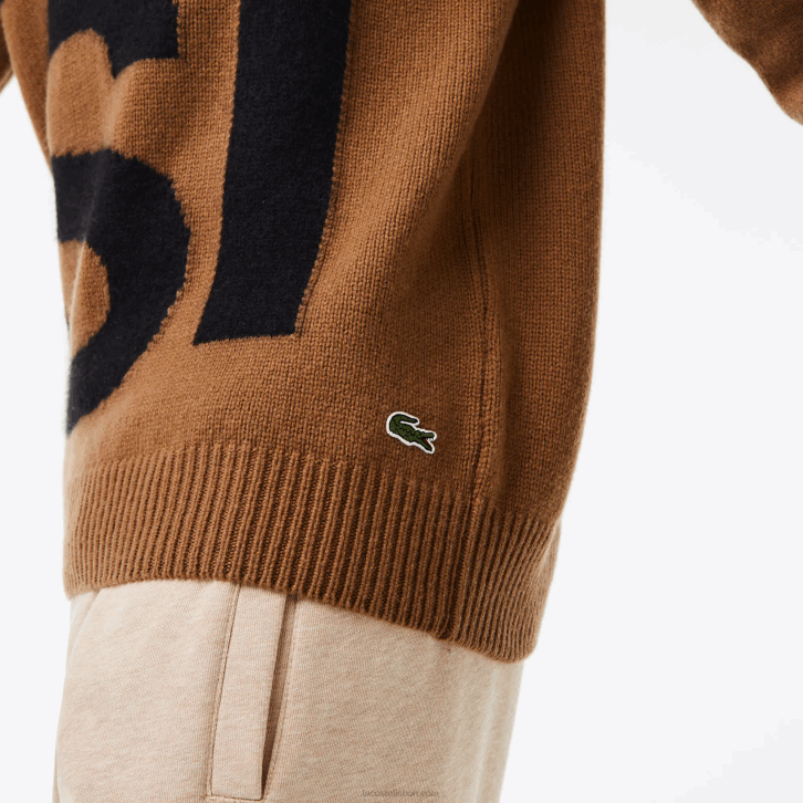 homens Lacoste marrom preto xp9 suéter de lã com letras contrastantes de ajuste clássico 08D01448