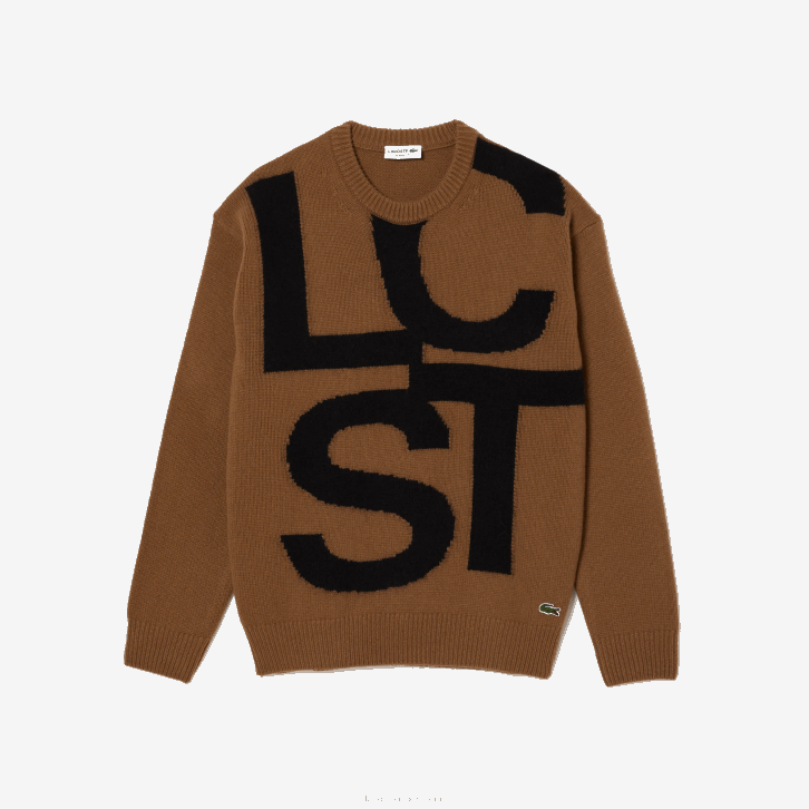 homens Lacoste marrom preto xp9 suéter de lã com letras contrastantes de ajuste clássico 08D01448
