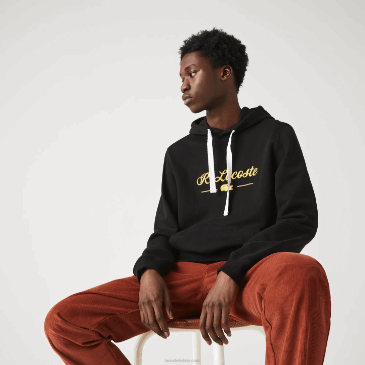 homens Lacoste preto 031 moletom de lã de algodão com letras bordadas 08D01154