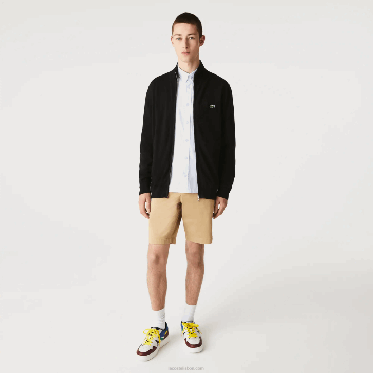 homens Lacoste preto 031 suéter de gola alta de algodão orgânico com zíper 08D0460