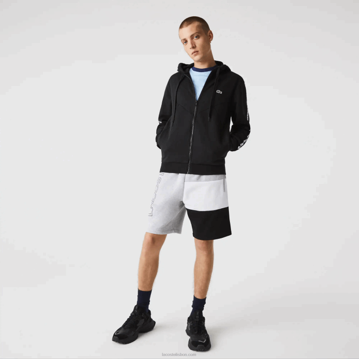 homens Lacoste preto 8vm moletom de lã com capuz e letras colorblock 08D0998