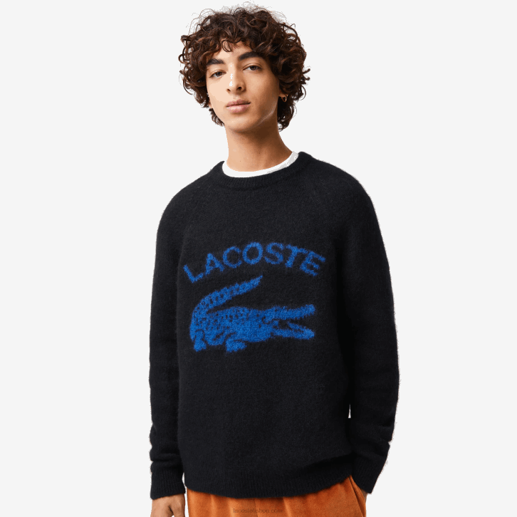 homens Lacoste preto azul 985 suéter de alpaca de mistura de crocodilo com contraste de marca 08D01464