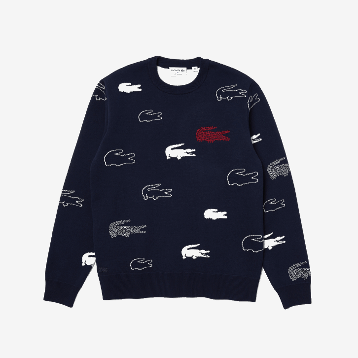homens Lacoste preto/branco feito na frança suéter jacquard de algodão orgânico com gola redonda 08D01629