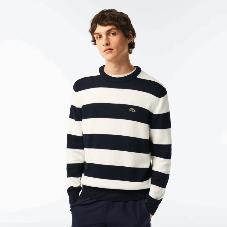 homens Lacoste preto/branco suéter de jérsei de algodão orgânico listrado 08D0439