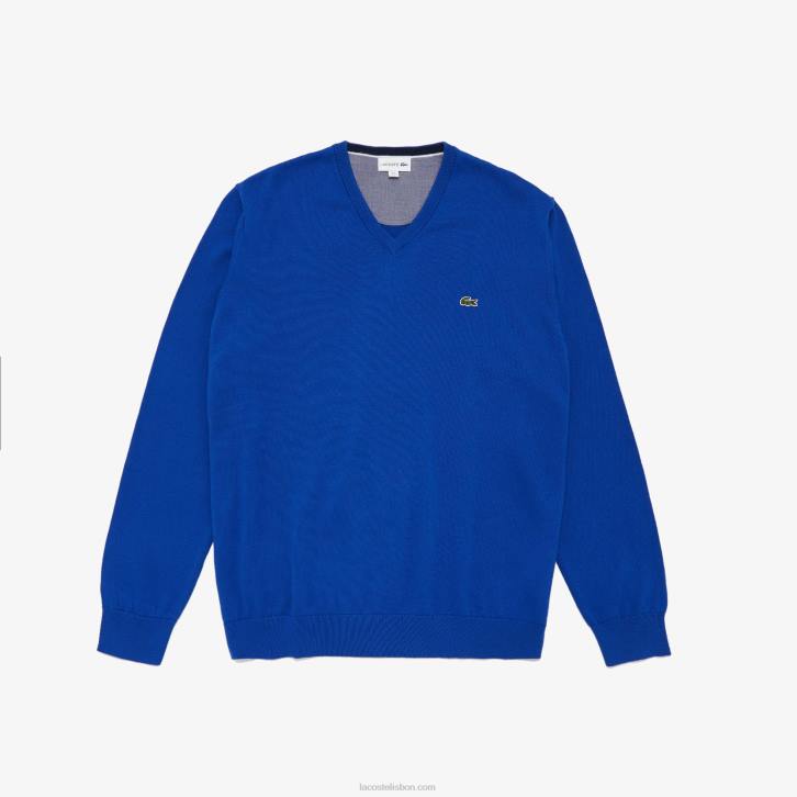 homens Lacoste q3f azul suéter de algodão com decote em v 08D01636