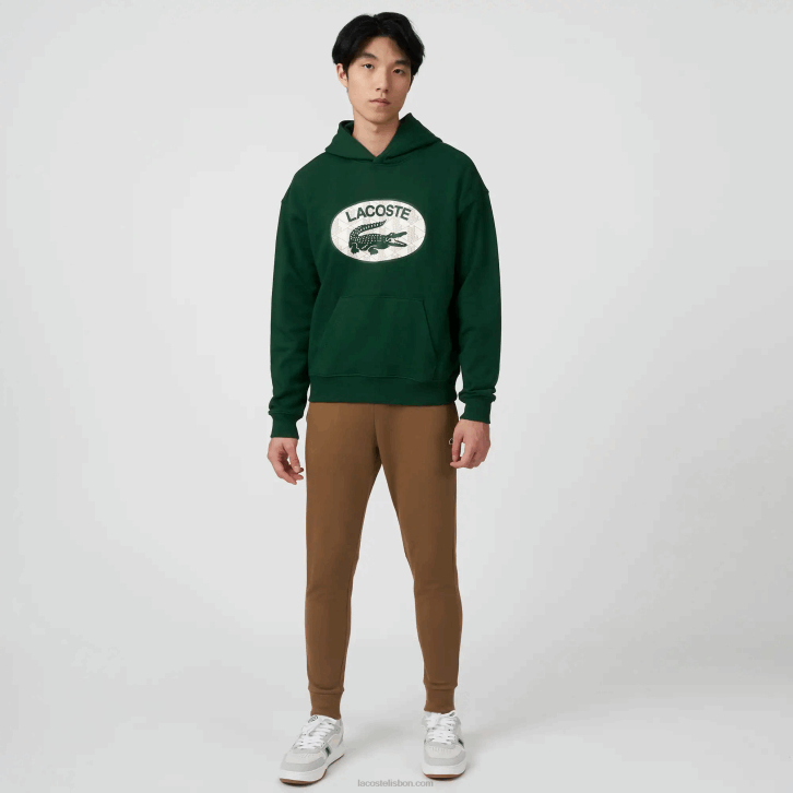 homens Lacoste verde 132 moletom com capuz de monograma de marca de ajuste solto 08D0970