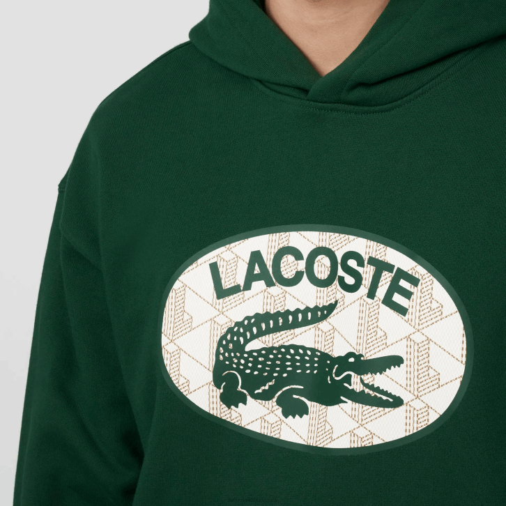 homens Lacoste verde 132 moletom com capuz de monograma de marca de ajuste solto 08D0970