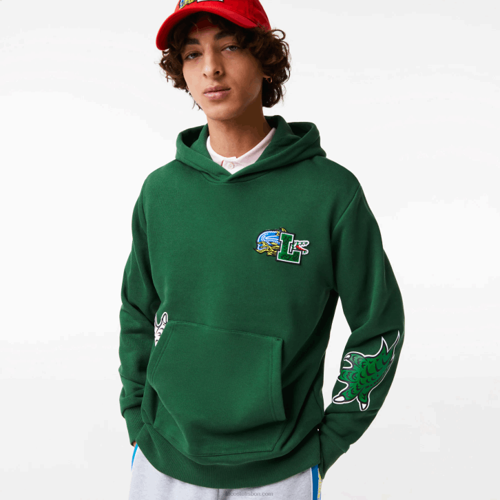 homens Lacoste verde 132 moletom com capuz estampado com efeito cômico 08D01132