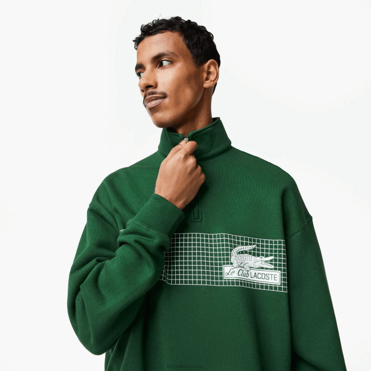 homens Lacoste verde 132 moletom de algodão orgânico solto com gola e zíper 08D0284