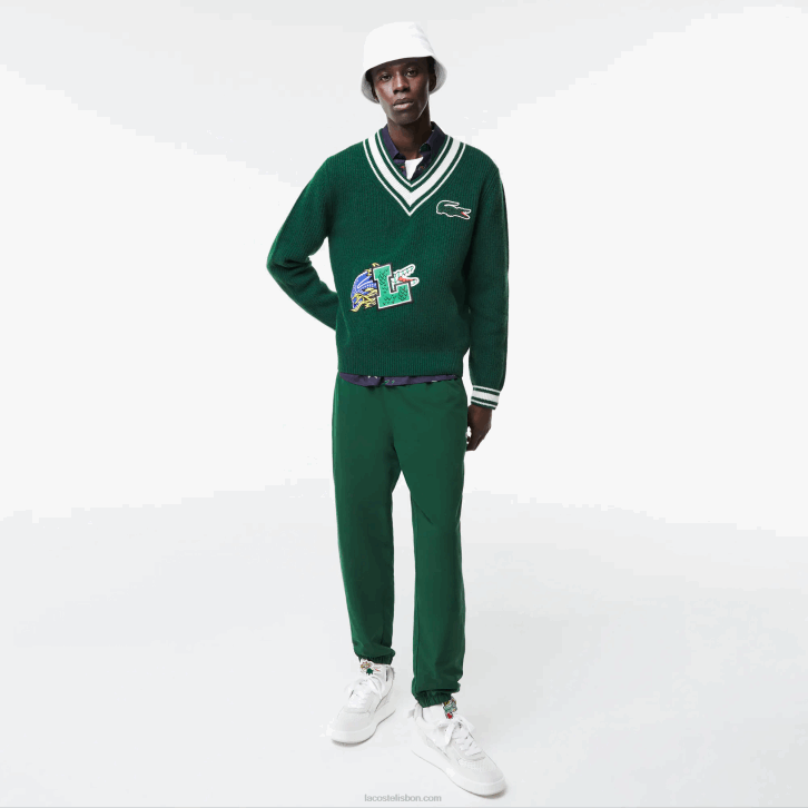homens Lacoste verde branco ano suéter de distintivo cômico 08D01379