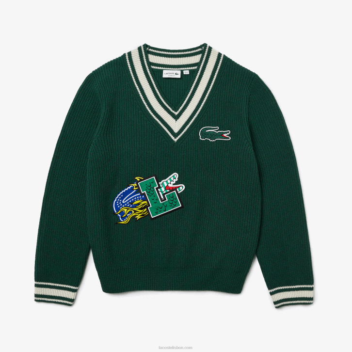 homens Lacoste verde branco ano suéter de distintivo cômico 08D01379